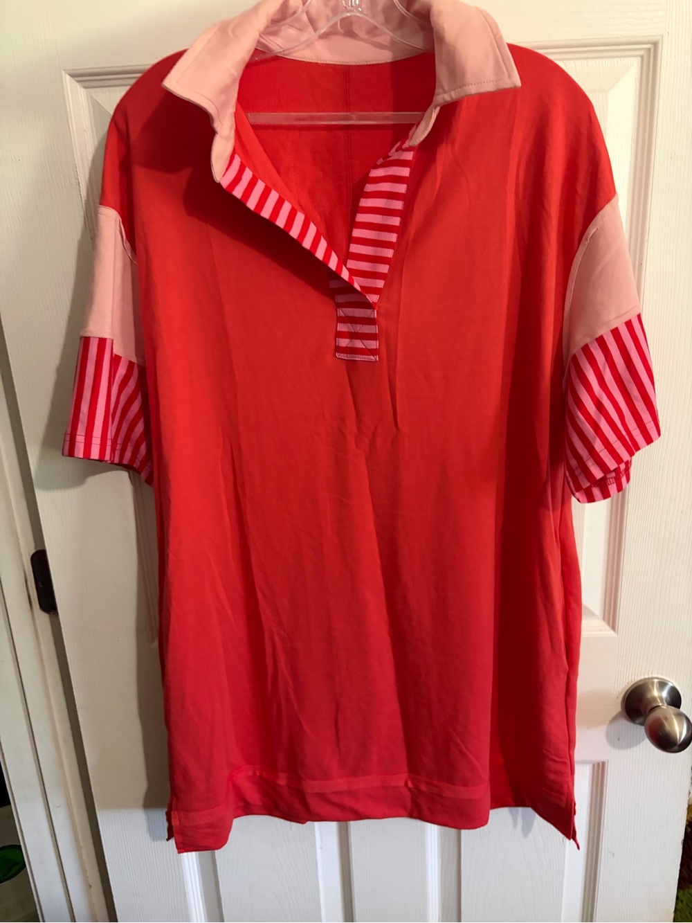Wenrine Coral Pink Red V Neck T Shirt Dress Women’s Short Sleeve Casual